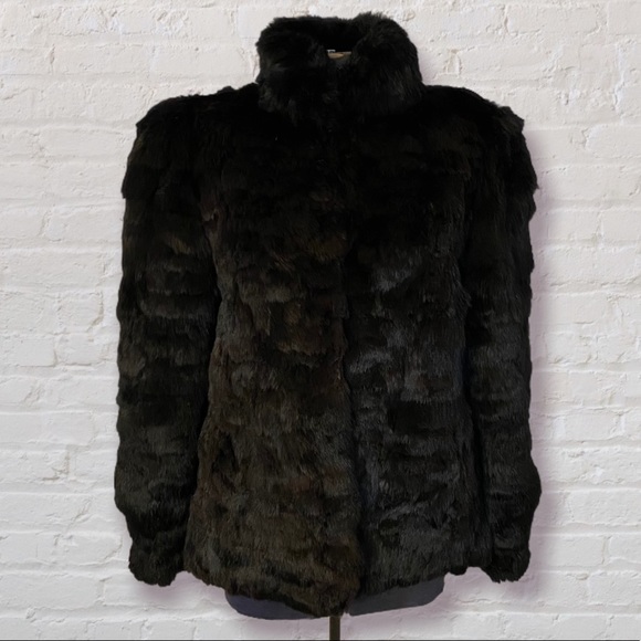 VINTAGE Black Rabbit Fur Coat Mid Length Below Waist High Collar - Picture 1 of 8